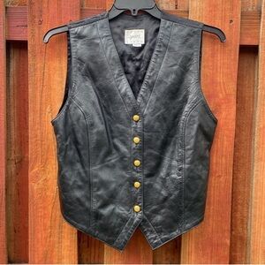 Vakko Black Leather Vest with Gold Buttons
